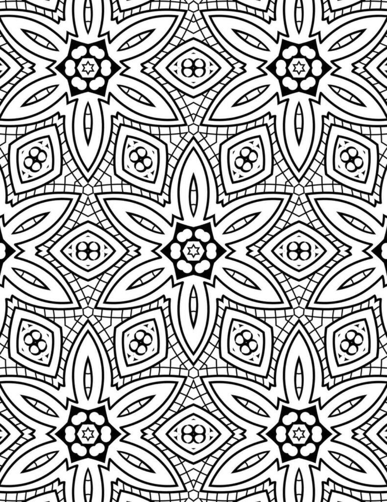 Detailed stained glass bloom mandala with six-petal flowers, inner stars, and intricate diamond shapes with figure-eight motifs for mindful coloring.