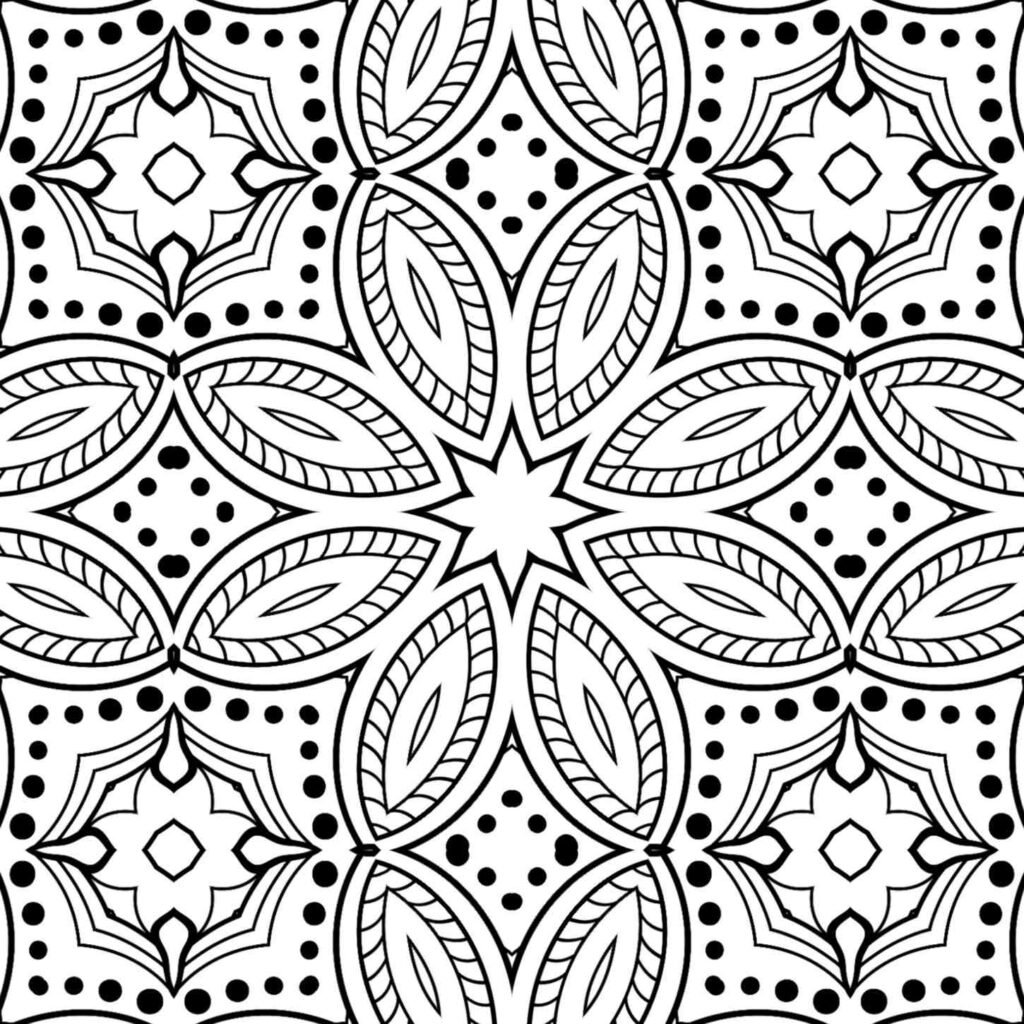 Star bloom mandala coloring page, symmetrical design, mindful art, relaxation activity