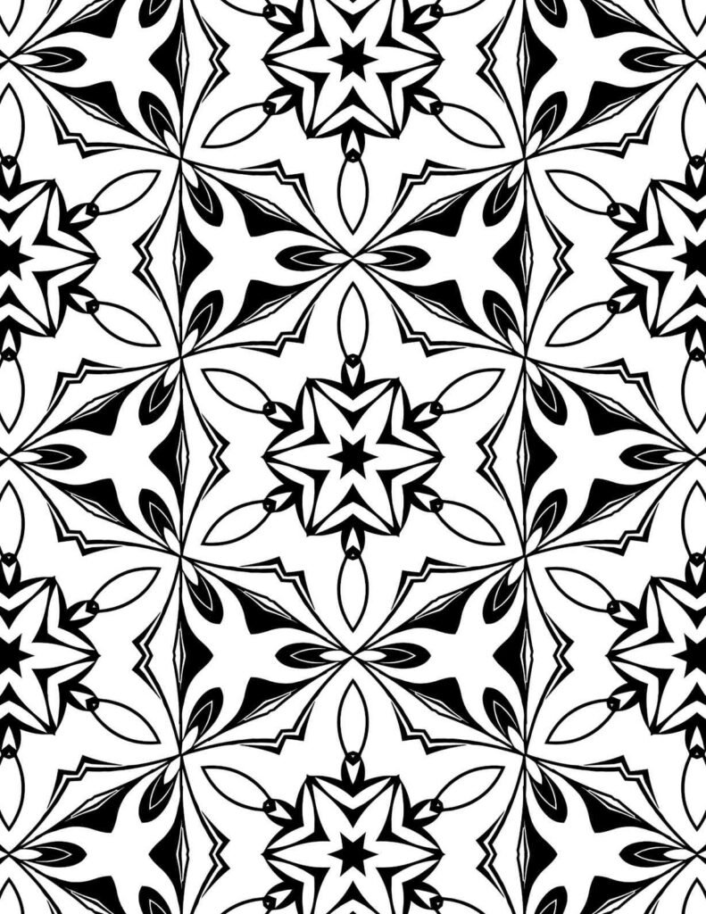 Symmetrical geometric mandala with repeated star and stylized floral patterns, perfect for mindful coloring and artistic relaxation.