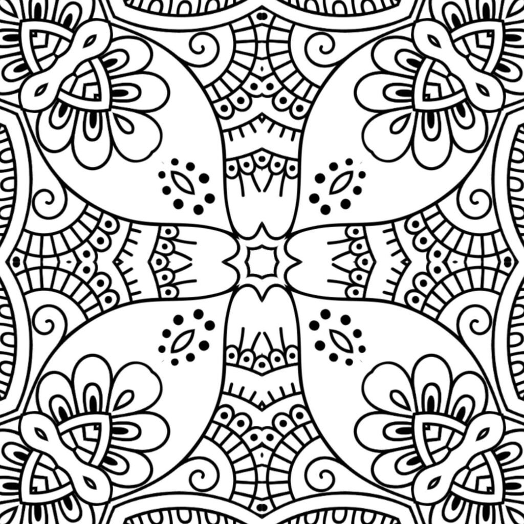 Dynamic star blossom mandala coloring page with central starburst and intricate floral patterns, ideal for creative focus and flow.