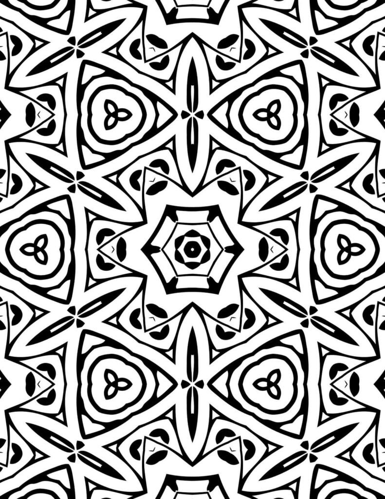 Bold geometric mandala design with star-crossed floral patterns and concentric petal motifs, ideal for coloring and mindfulness.