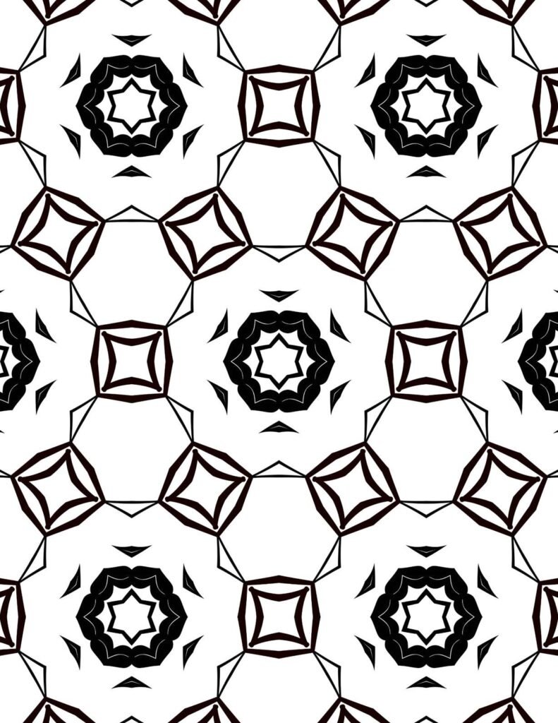 Intricate black and maroon mandala design with star-shaped centers and petal-inspired circular patterns