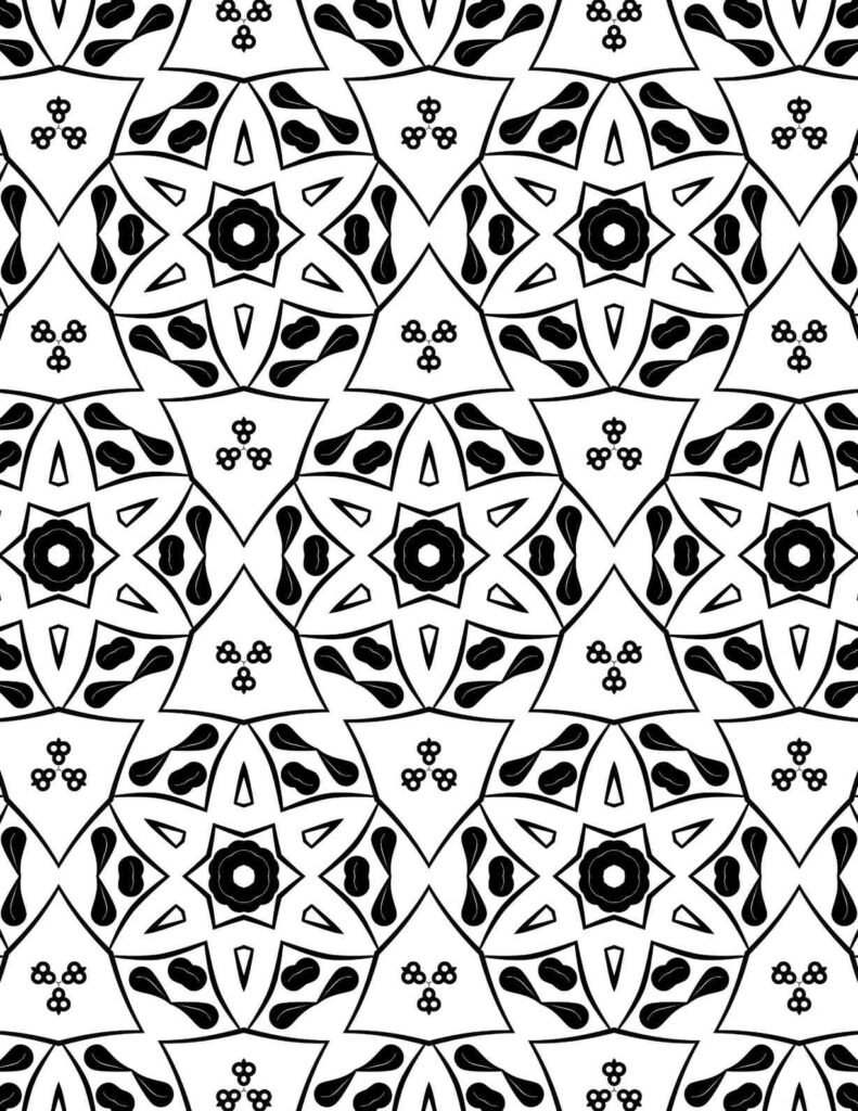Geometric mandala featuring six-point star motifs, petal-like shapes, teardrop accents, and clustered dots in a black and white seamless layout.