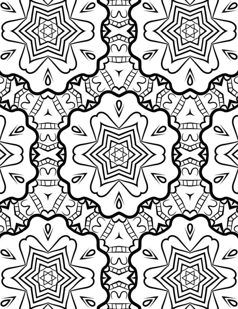 Starburst mandala with layered geometric petals and scalloped edges, designed for coloring and mindfulness activities.