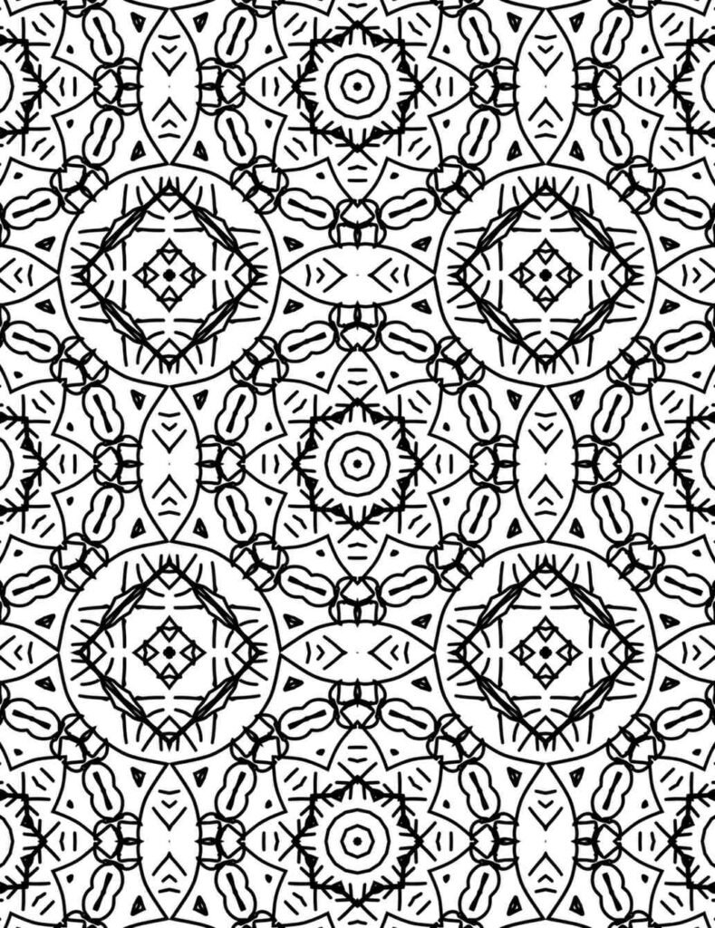 Black and white mandala design featuring layered starbursts, leaf motifs, and symmetrical plant-inspired line art