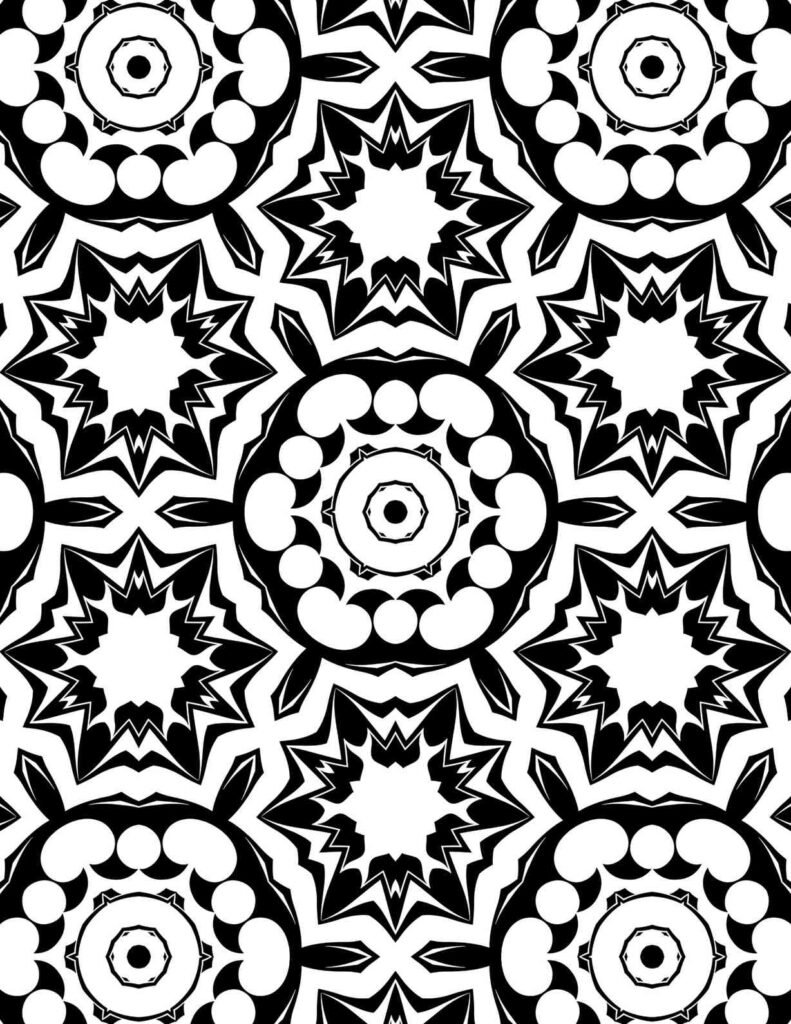 Black and white mandala with starburst centers and concentric circular patterns for energetic coloring and mindfulness practice.