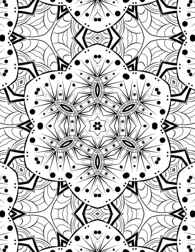 Intricate black-and-white Starburst Eye Mandala with star-shaped center and eye patterns for coloring and meditation