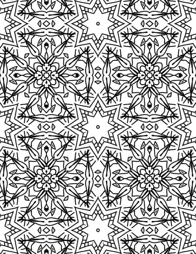 Hand-drawn starburst floral mandala with geometric symmetry and botanical details, ideal for coloring and meditation