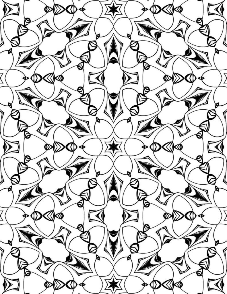 Intricate black-and-white starburst mandala design for coloring, meditation, and creative projects