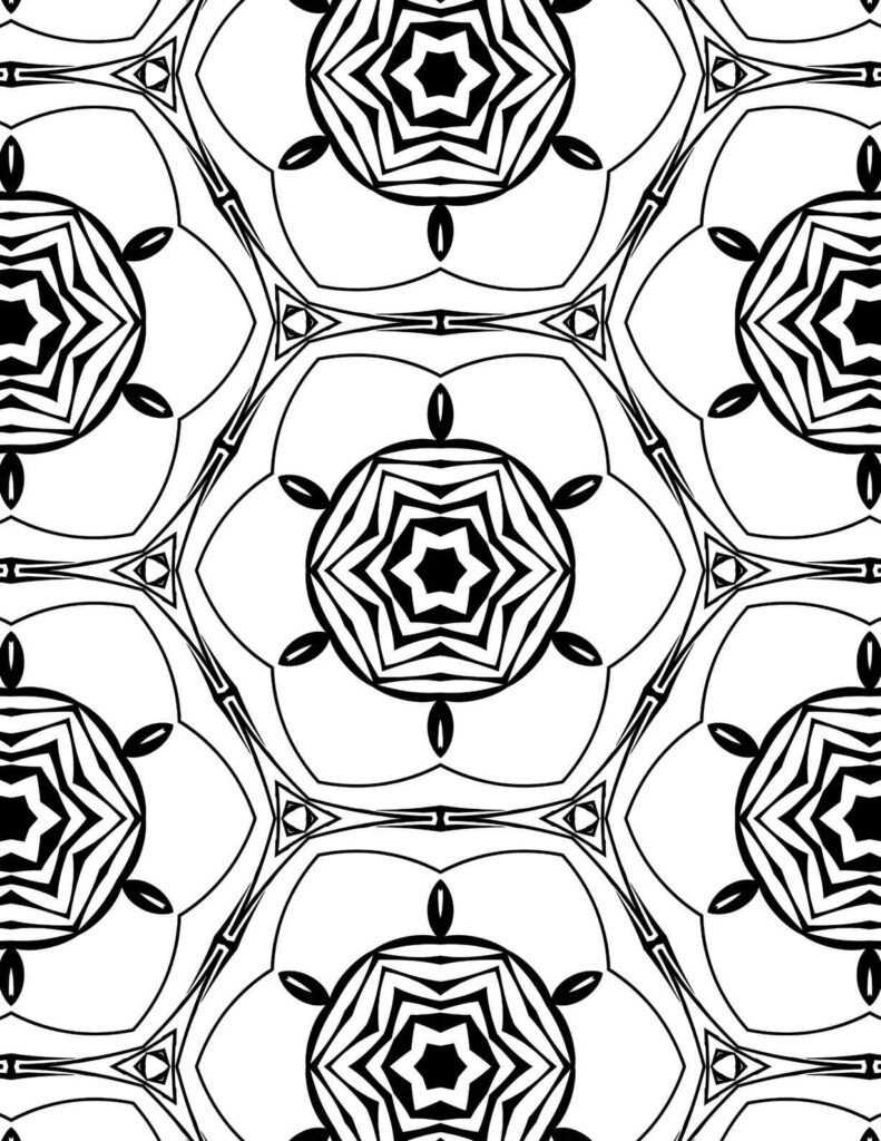 Intricate black-and-white starburst mandala with repeating geometric patterns for coloring and meditation