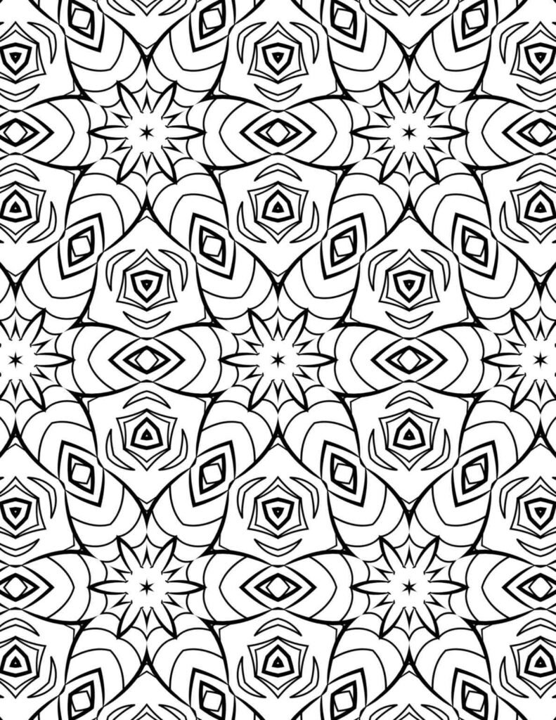 Intricate black and white mandala coloring page with starbursts and nested geometric shapes.