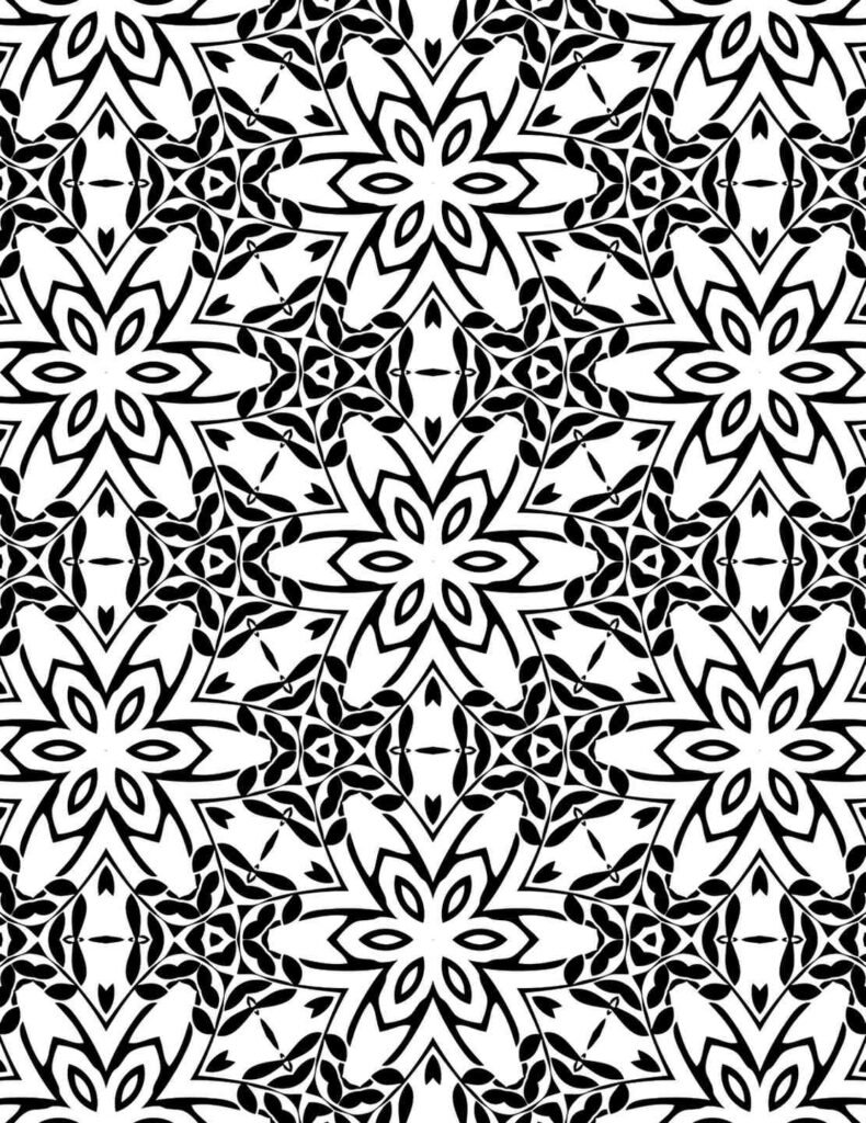 Intricate black and white starflower kaleidoscope mandala with repeating floral patterns for coloring and meditation