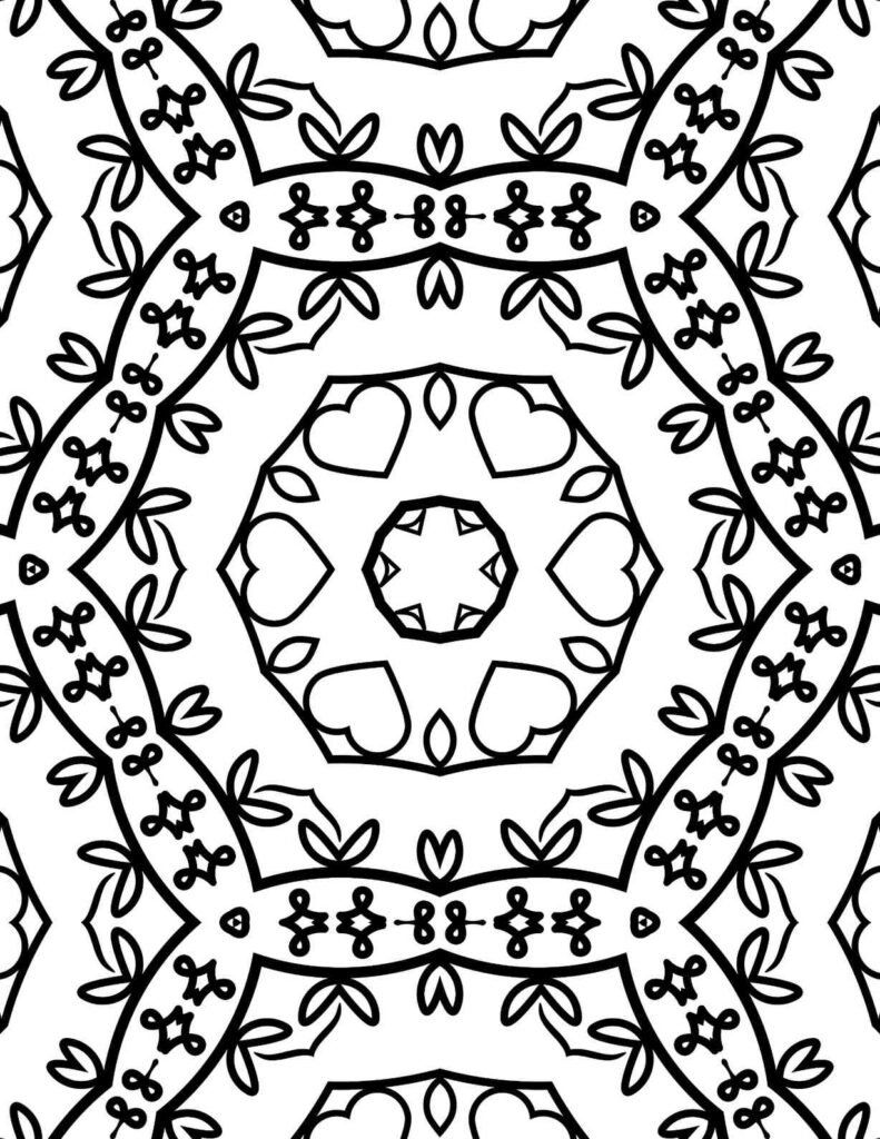 Detailed black-and-white starflower mandala with heart and leaf patterns for coloring and relaxation
