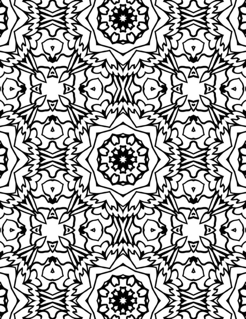 Intricate black and white mandala with radiating star-like and floral motifs, perfect for mindful adult coloring.
