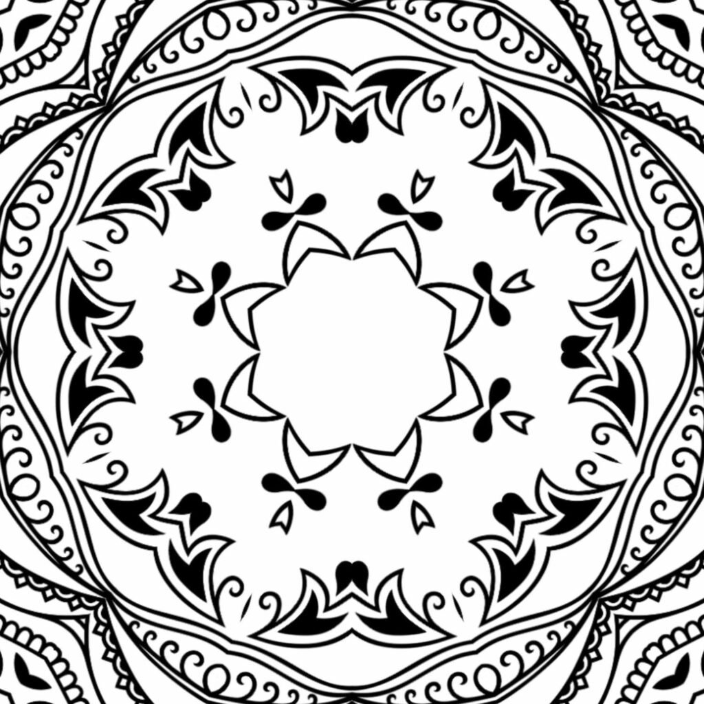Delicate black and white mandala with a central eight-pointed star-like flower surrounded by flowing swirls and intricate border patterns, perfect for mindful coloring.