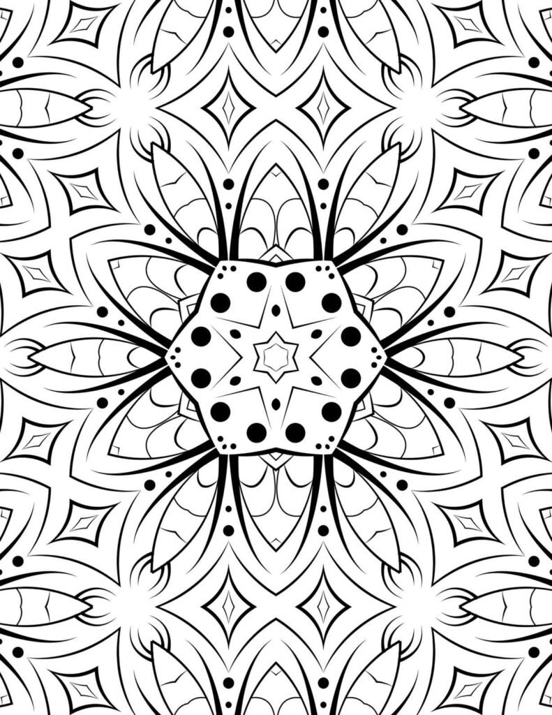 Symmetrical black and white mandala with a central hexagonal star, radiating petals, and intricate dot patterns, perfect for adult coloring therapy.