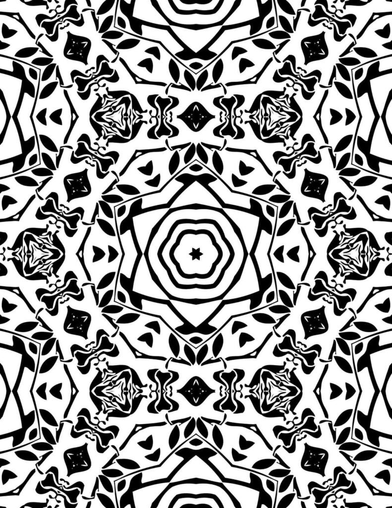 Abstract black and white mandala featuring concentric stars, floral outlines, wavy accents, and organic leaf patterns