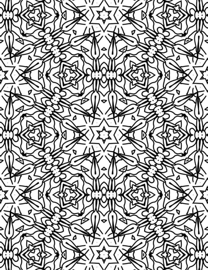 Complex starlit fusion mandala with star and floral patterns for coloring and mindfulness