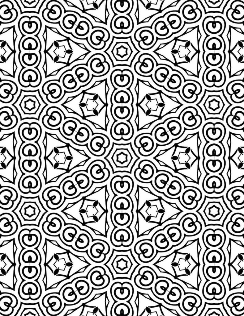 Black and white mandala with interlocking loops, star-like shapes, and leaf accents around a central star for coloring and relaxation.