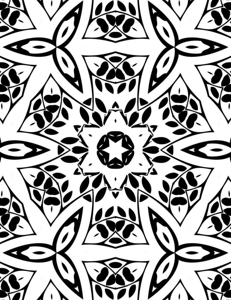 Symmetrical Starlit Petal Mandala with a central star motif, radiating petals, and heart-shaped accents in bold black-and-white for coloring and mindfulness.