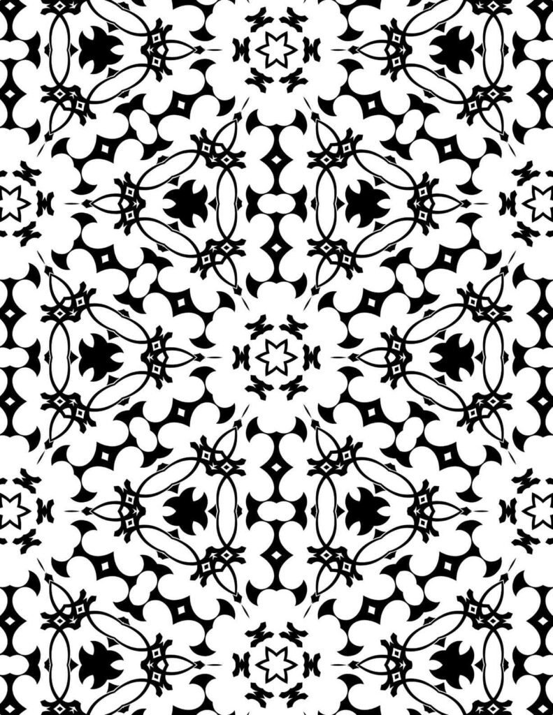 Black and white mandala design featuring central star shapes, abstract leaves, and curved connectors in seamless symmetry