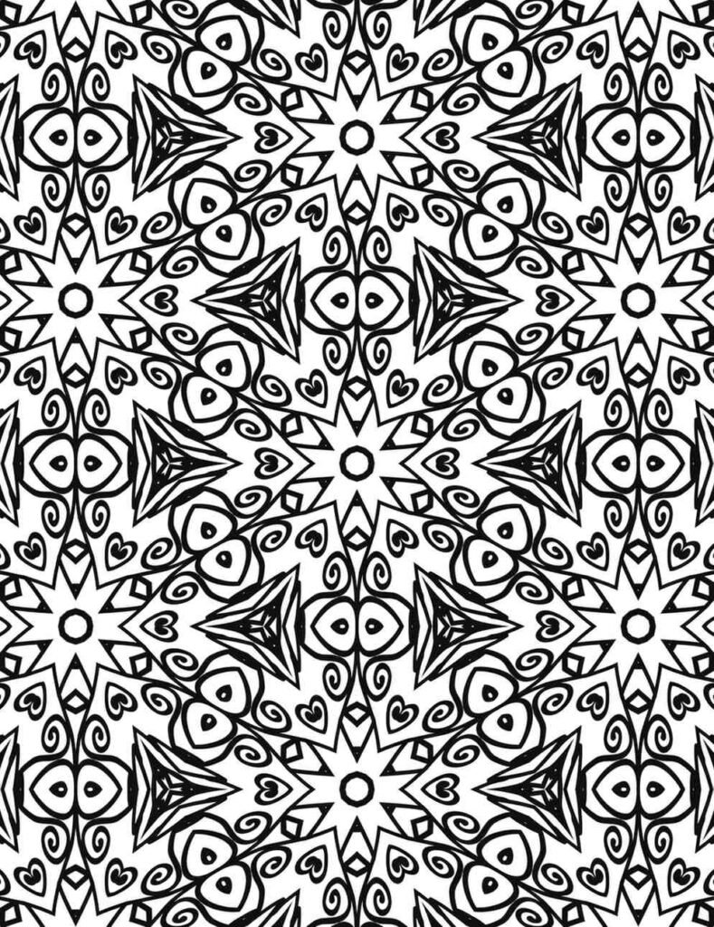 Starry heart mandala with bold black and white star patterns and heart-shaped accents for coloring and meditation.