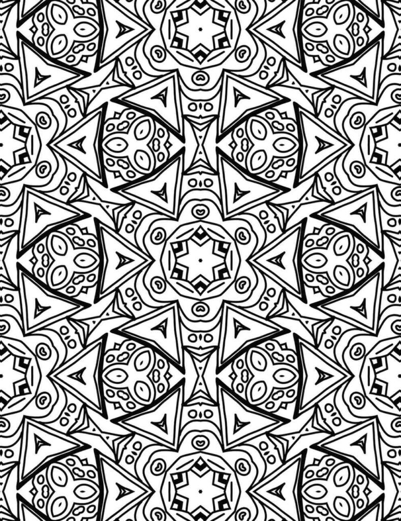 Complex black and white starry triangle mandala with floral accents and geometric shapes for coloring and creativity