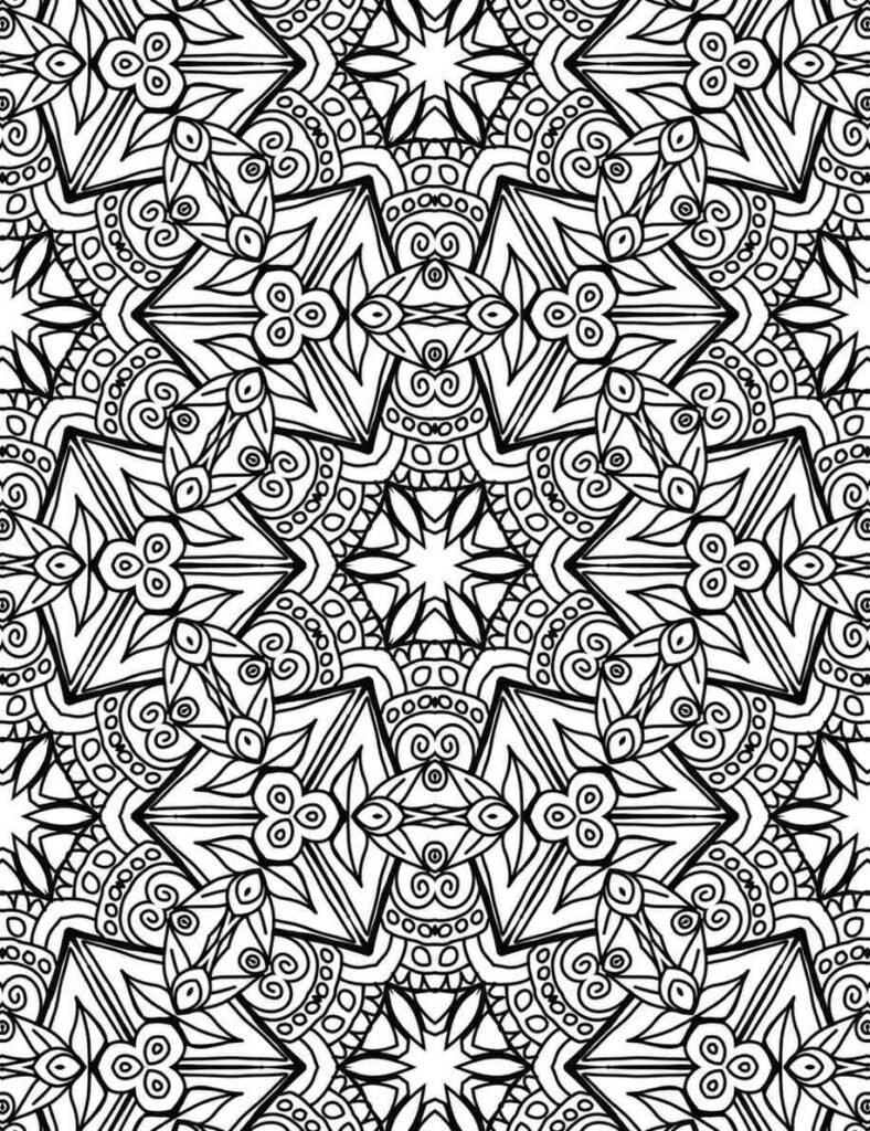 Detailed black and white stellar arrow mandala with floral and spiral patterns for coloring and mindfulness.
