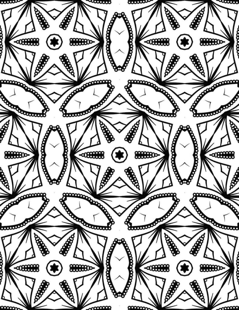 Detailed stellar bloom mandala with star centers and dotted petal patterns for coloring and meditation.