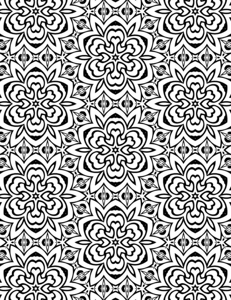 Black and white mandala with star-shaped centers, petal motifs, and orbit-like planetary elements in a repeating pattern