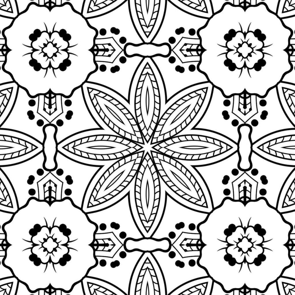 Detailed stellar bloom mandala with star-shaped center and floral accents for coloring and mindfulness