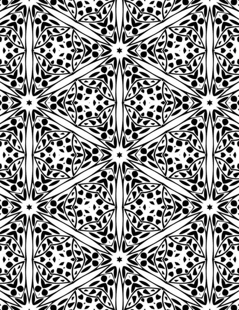 Detailed black and white mandala with starburst centers and dotted floral patterns for coloring and relaxation