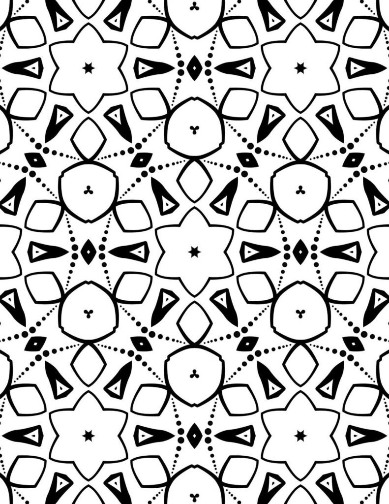 Elegant stellar diamond mandala with star-shaped centers and geometric floral patterns for coloring and meditation.