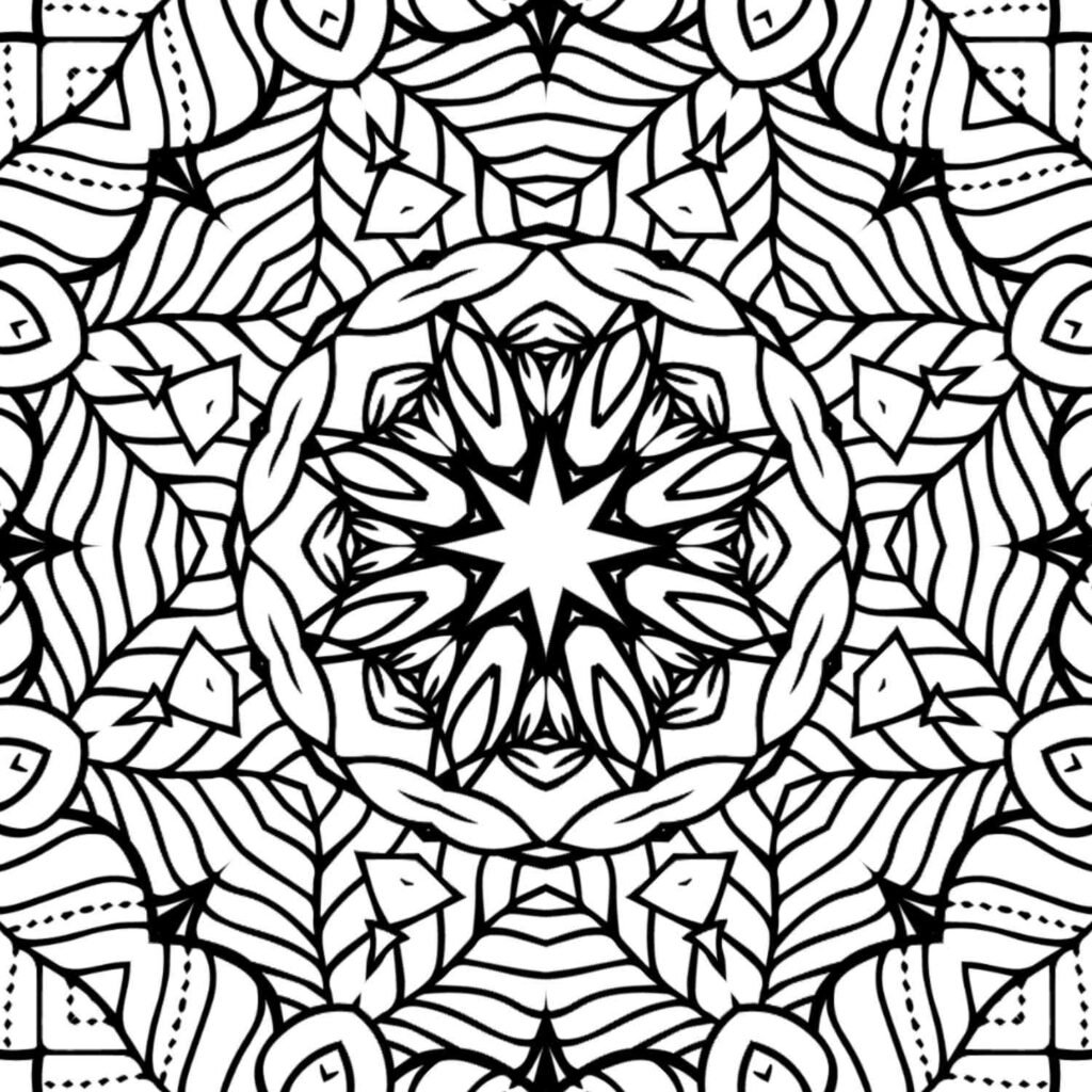 Detailed black and white mandala with a prominent eight-pointed star center, surrounded by geometric and organic echoing patterns.
