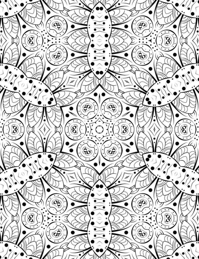 Detailed black-and-white Stellar Eye Mandala with eye-like patterns and petal shapes for coloring and meditation