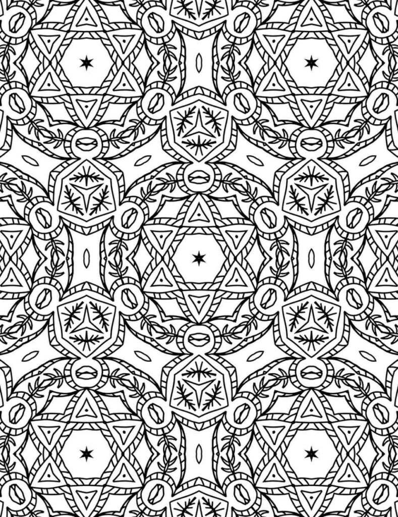 Detailed stellar geometric mandala with star and triangle patterns for coloring and mindfulness