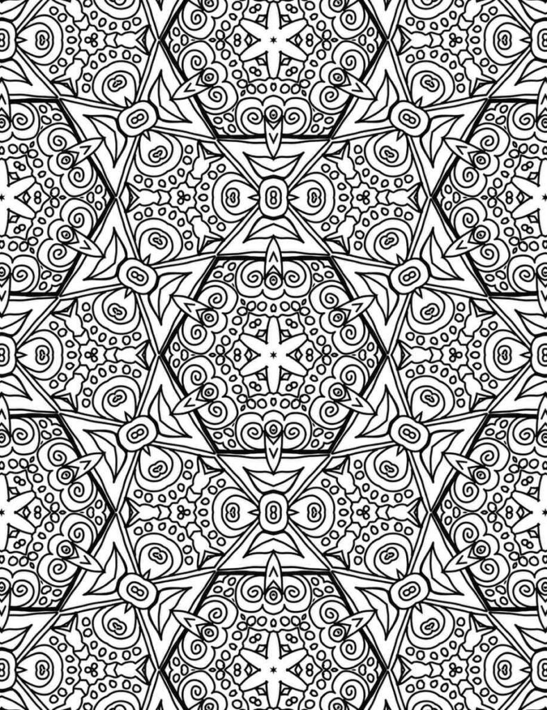 Intricate black and white stellar spiral harmony mandala with star and swirl patterns for coloring and meditation.