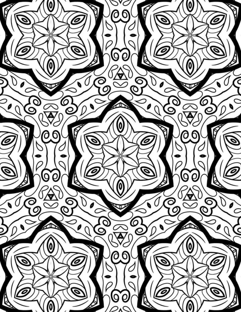 Detailed black-and-white mandala with star-shaped centers, teardrop motifs, and swirling patterns, perfect for coloring and meditation.