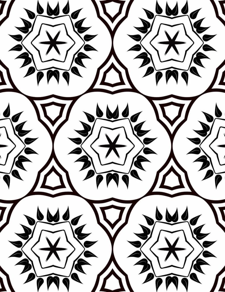Bold black and white stellar teardrop mandala with starburst patterns and geometric symmetry for coloring and meditation.