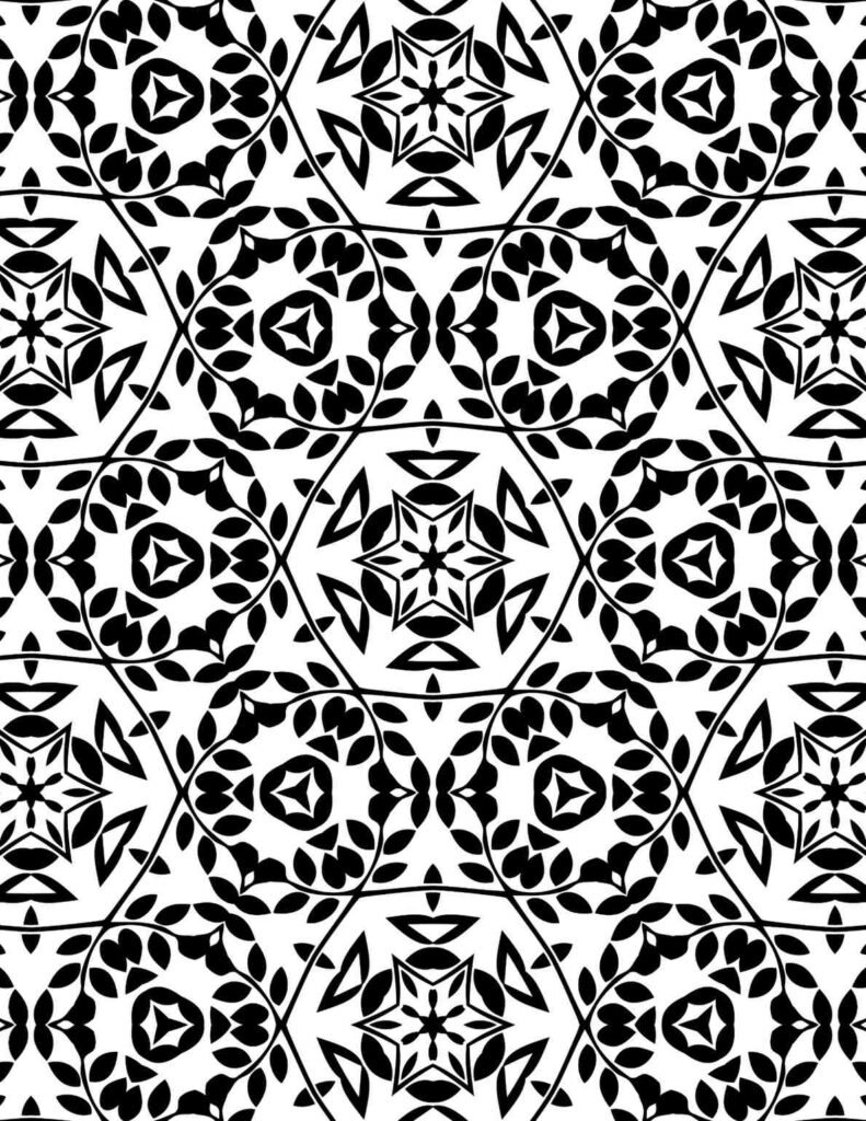 Ornate black and white stellar vine mandala with star-shaped centers and leafy vines for coloring and mindfulness practice.