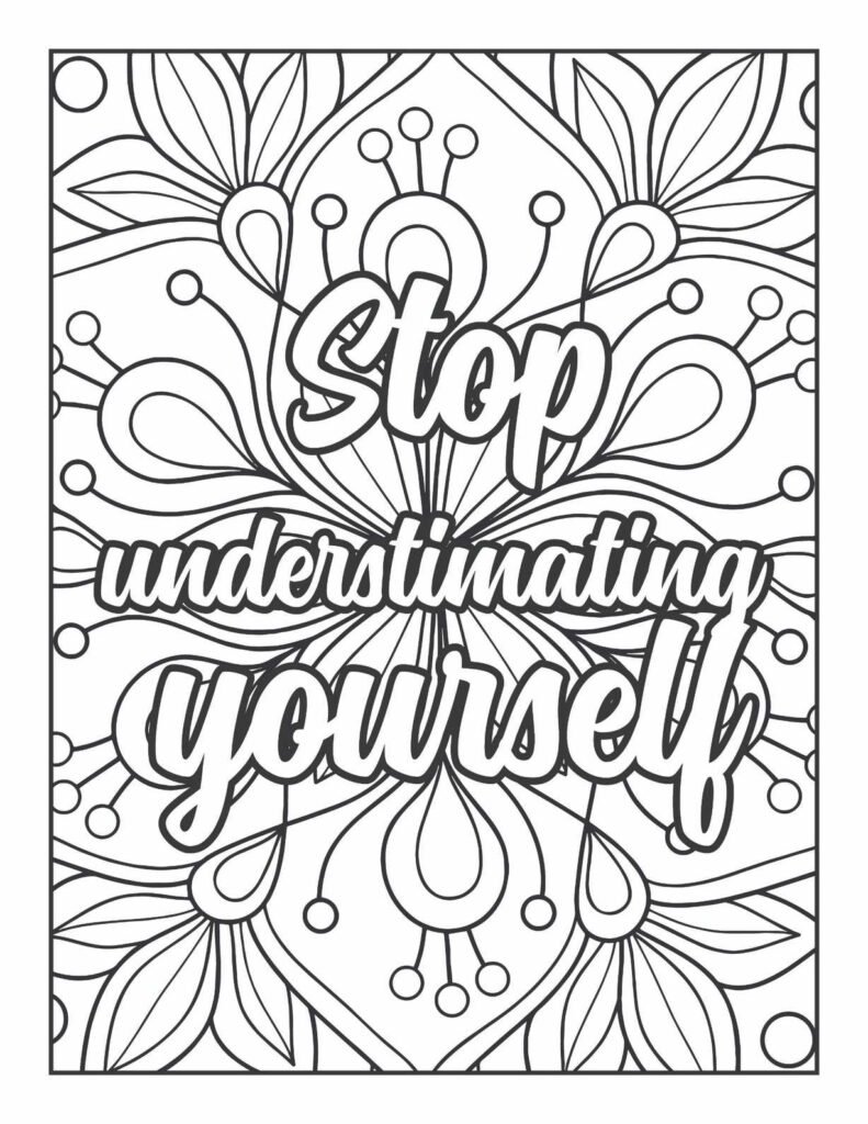 Bold motivational quote "Stop underestimating yourself" amidst a swirling botanical mandala pattern.