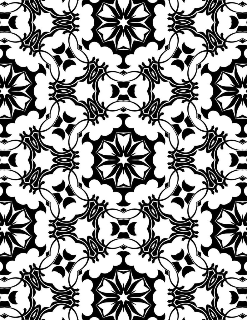 Mandala design featuring sunburst floral patterns, cloud-like curves, and crescent shapes in high-contrast black and white