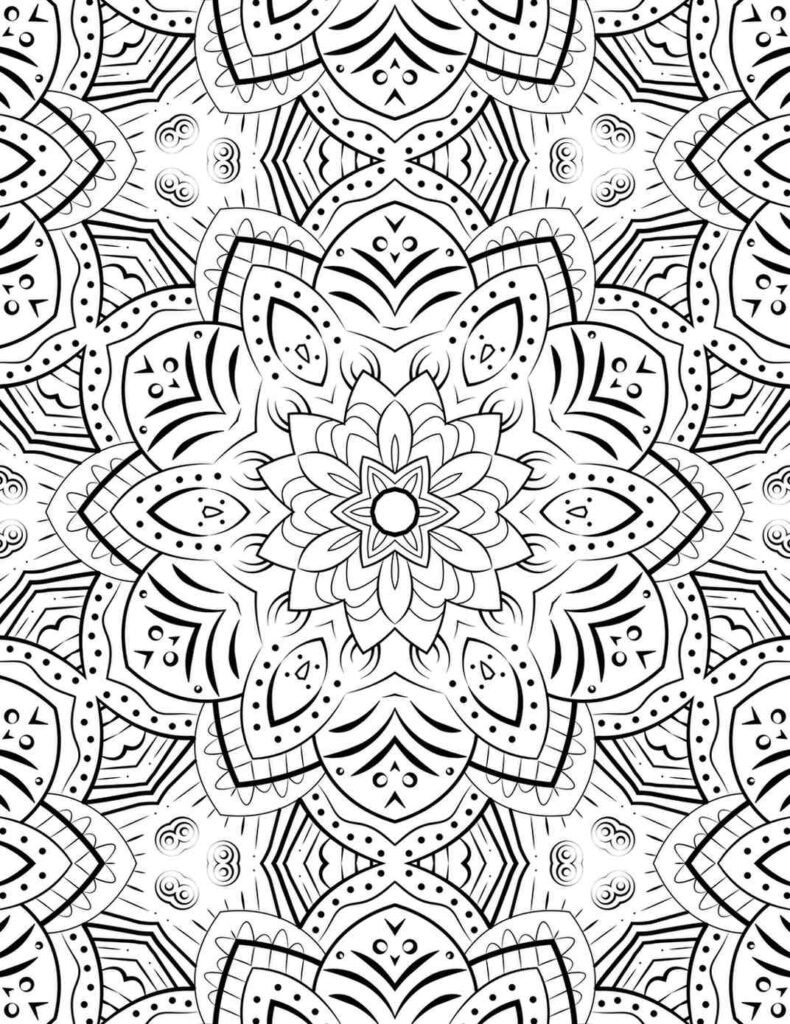 Sunburst harmony mandala with floral petals and swirling circles for coloring and meditation