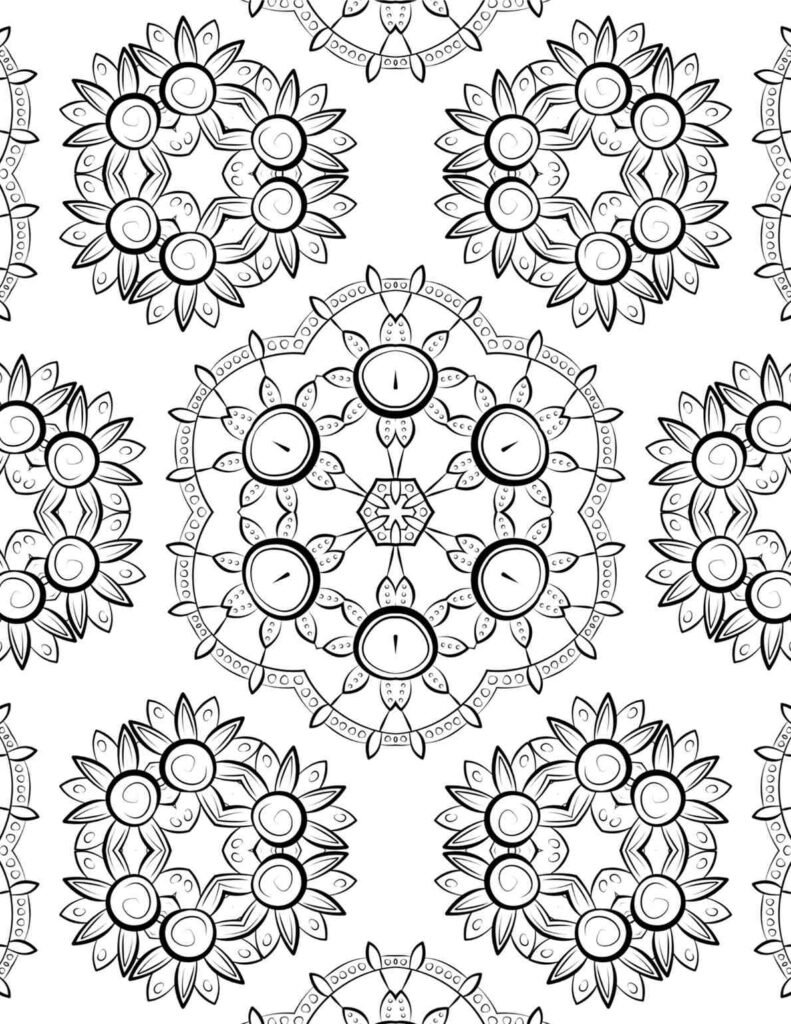 Intricate black and white sunburst harmony mandala with layered floral patterns for coloring and meditation