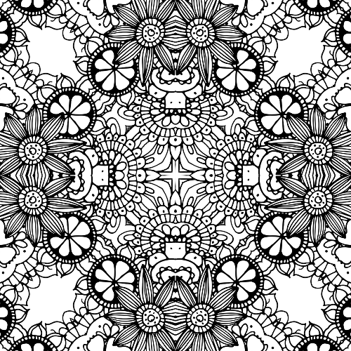 Detailed sunny bloom mandala coloring page with repeating sunflower or daisy-like motifs, intricate lace patterns, and symmetrical design.