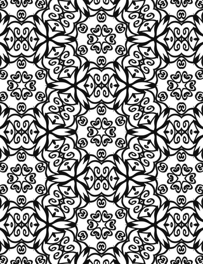 Black and white swirl heart mandala with star centers and geometric patterns for coloring and meditation