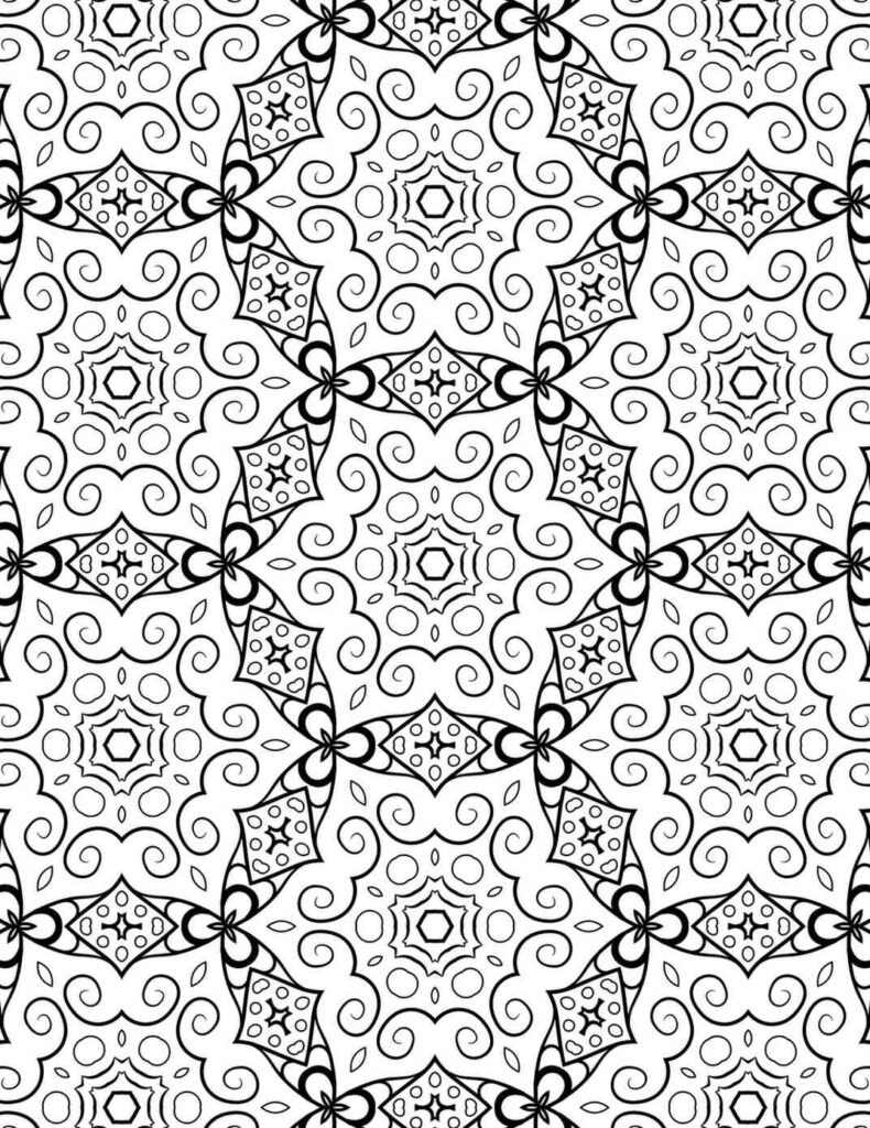 Intricate black and white mandala with delicate swirls, geometric stars, and ornate central motifs, perfect for detailed coloring.