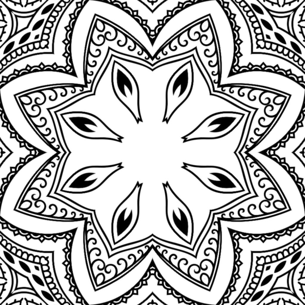 Beautiful black and white mandala with a prominent central star-like flower surrounded by intricate paisley and scrollwork patterns, ideal for mindful coloring.