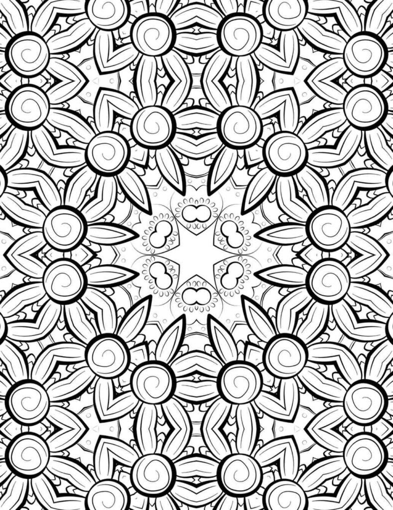 Intricate black-and-white swirling blossom mandala with starburst center and floral patterns for coloring and meditation