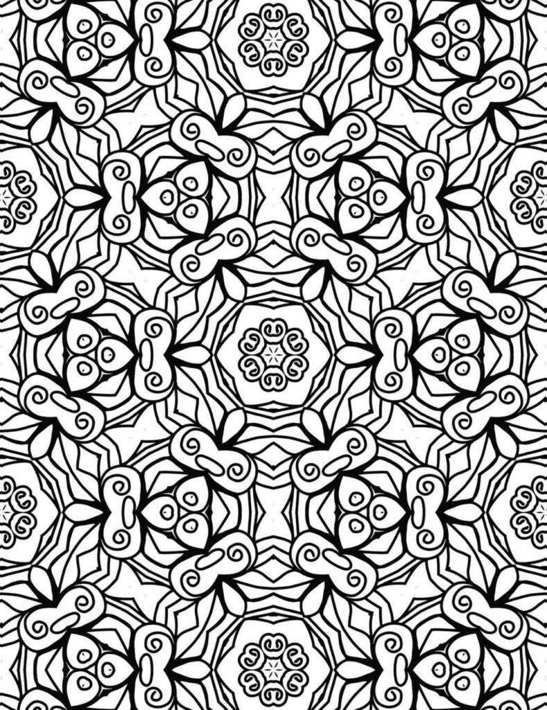 Detailed black-and-white swirling butterfly mandala with symmetrical floral patterns and elegant curves, perfect for coloring and meditation.